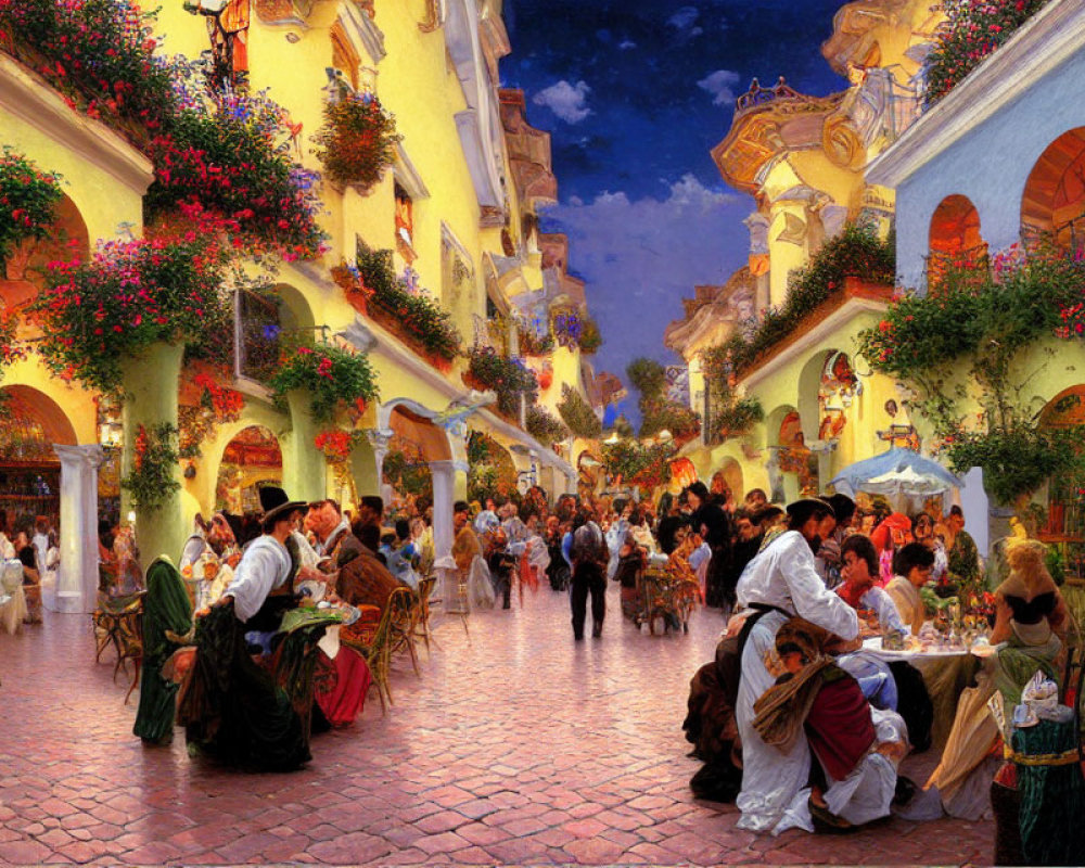 Vibrant European Street Scene with Outdoor Dining and Pedestrians