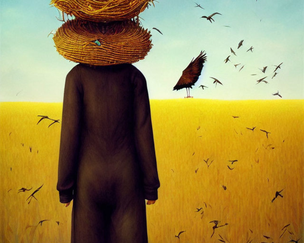 Artistic illustration of scarecrow figure in wheat field with blackbird and crows