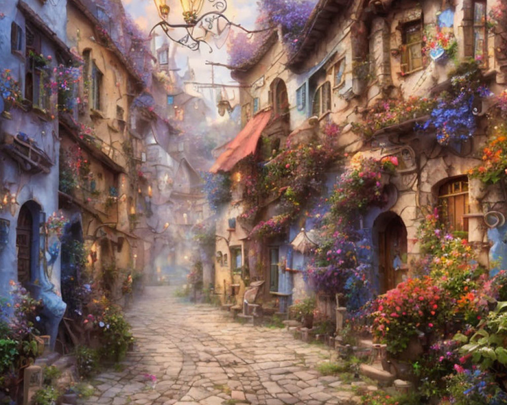 Whimsical stone houses on cobblestone street with vibrant flowers