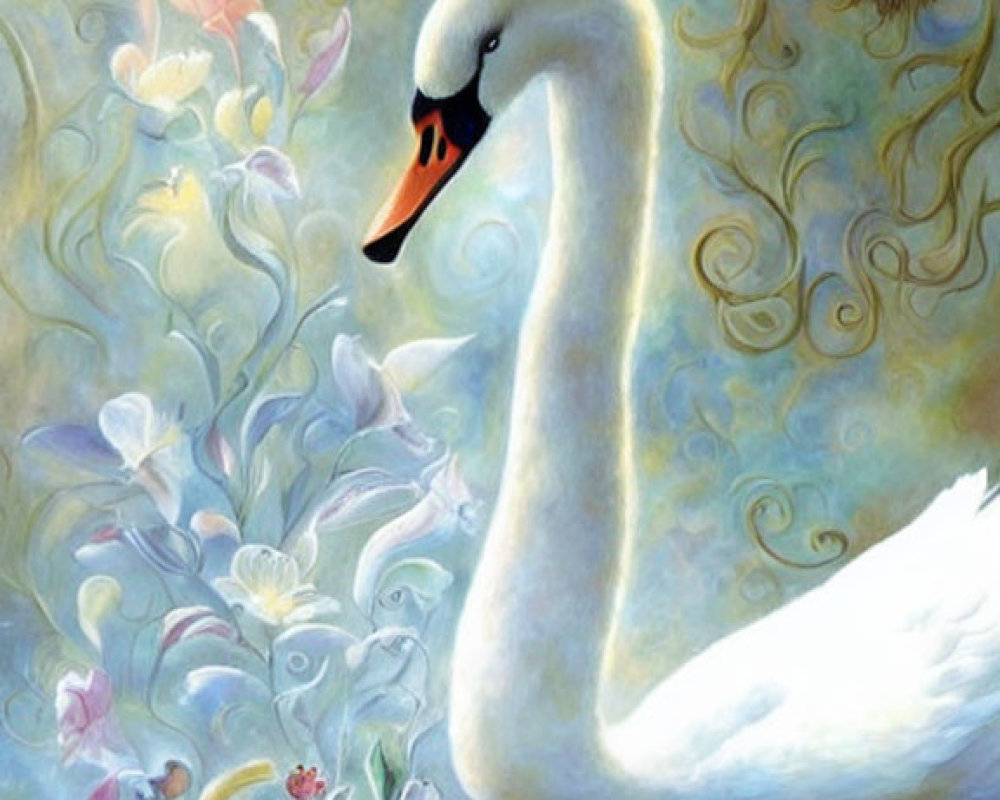 Graceful Swan Surrounded by Pink Flowers and Golden Patterns in Dreamy Painting