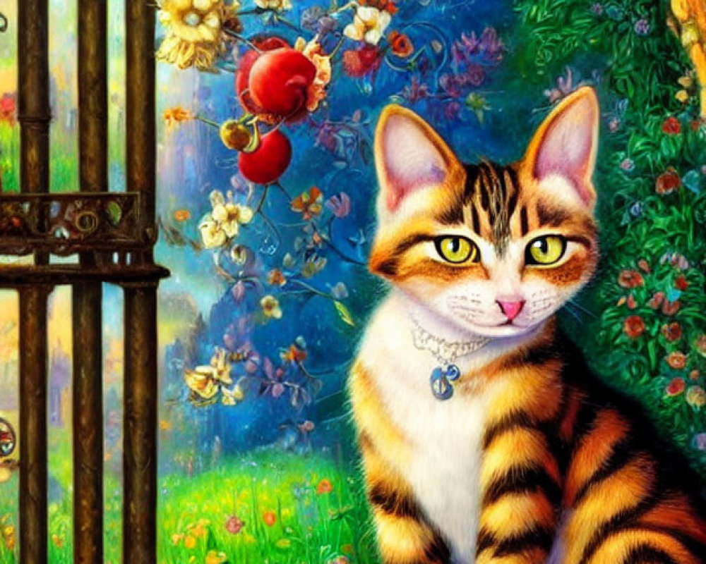 Colorful Cat Illustration in Whimsical Garden Setting