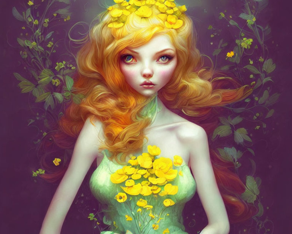 Stylized portrait of woman with golden-yellow flowers in hair, surrounded by greenery