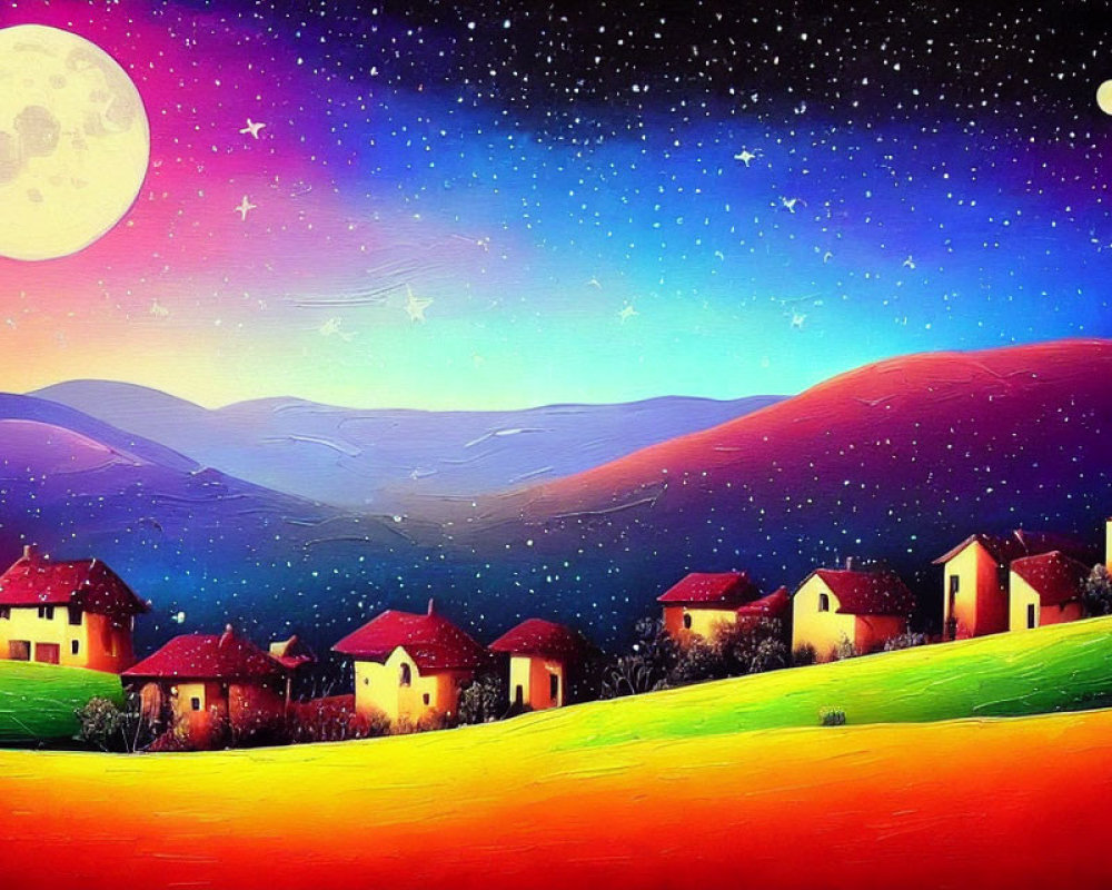 Colorful painting of hills, houses, starry sky, moon, and planet