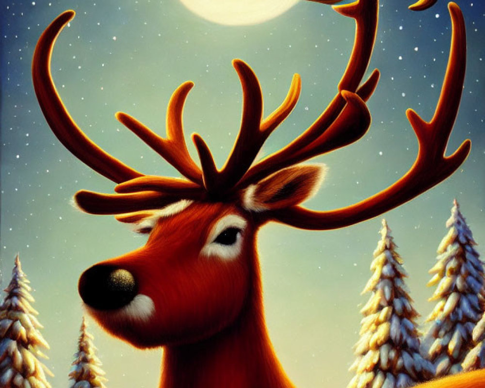 Majestic reindeer with glowing antlers in snowy night scene