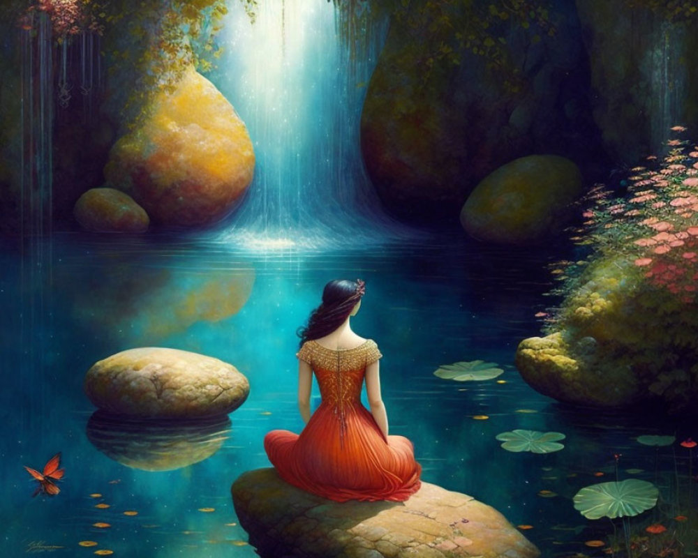 Woman in Orange Dress Sitting by Serene Pond in Mystical Forest