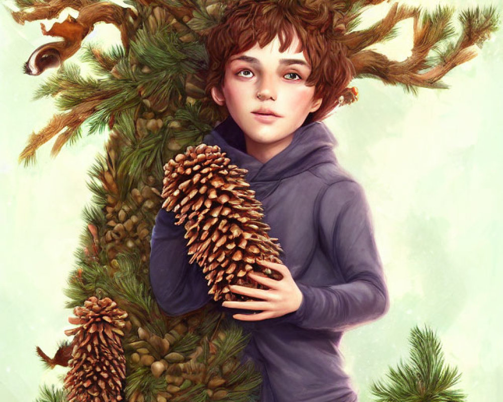 Child Holding Large Pine Cone Surrounded by Fantastical Scene