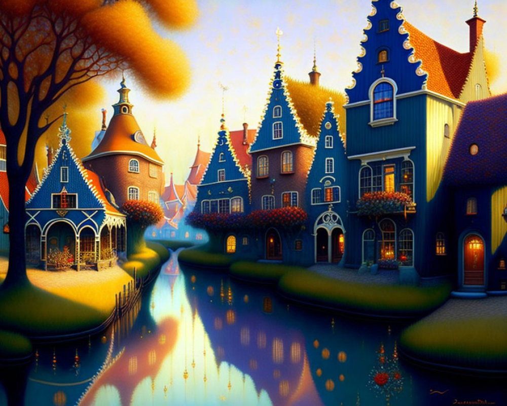 Colorful Whimsical Village Illustration with Stylized Houses and Canal