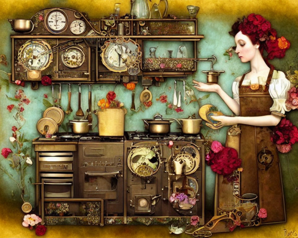 Steampunk-inspired vintage kitchen with brass utensils and intricate clocks.