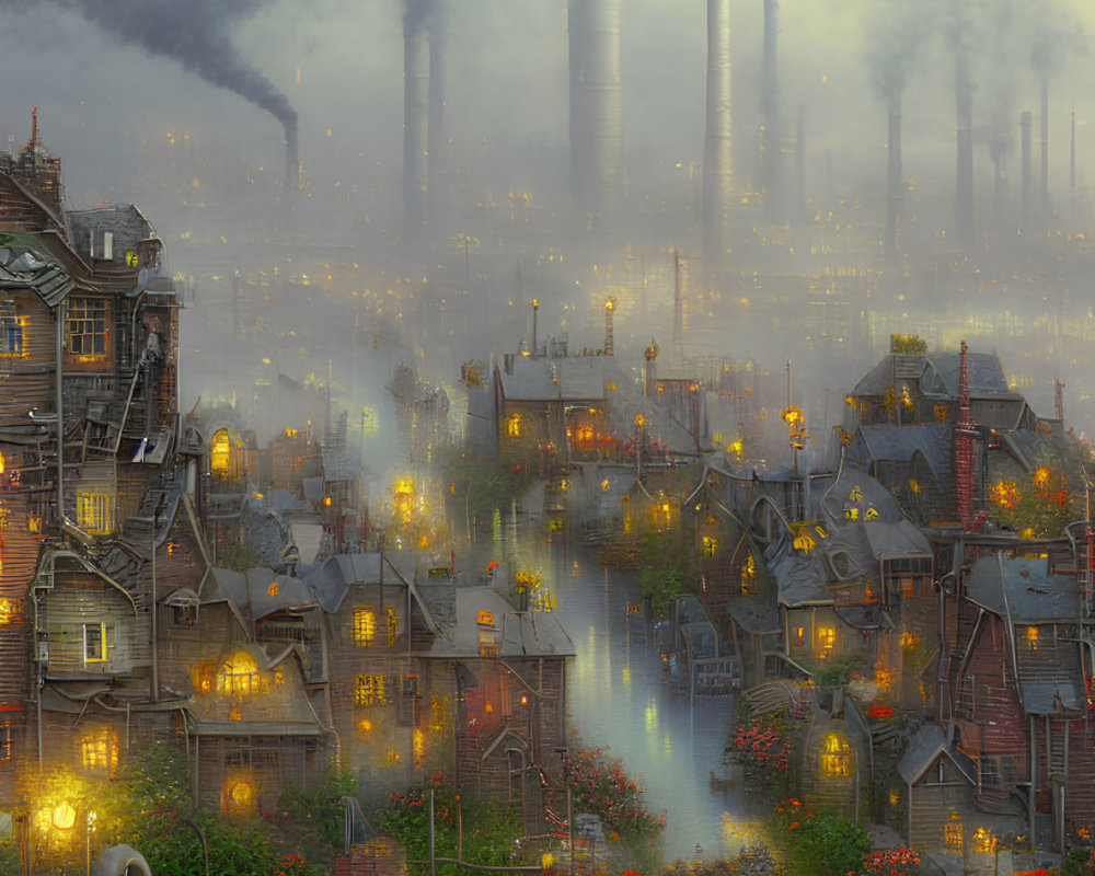 Industrial town with packed houses, blooming flowers, smokestacks, and golden twilight.