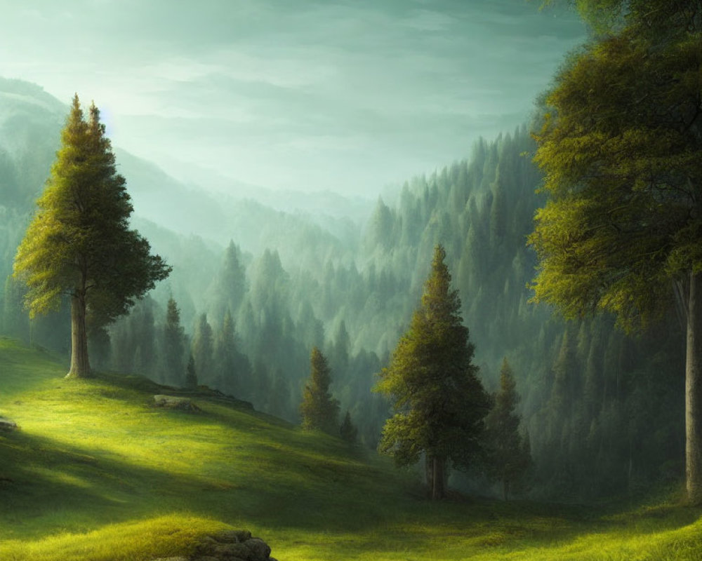 Ethereal landscape with lush greenery and misty hills