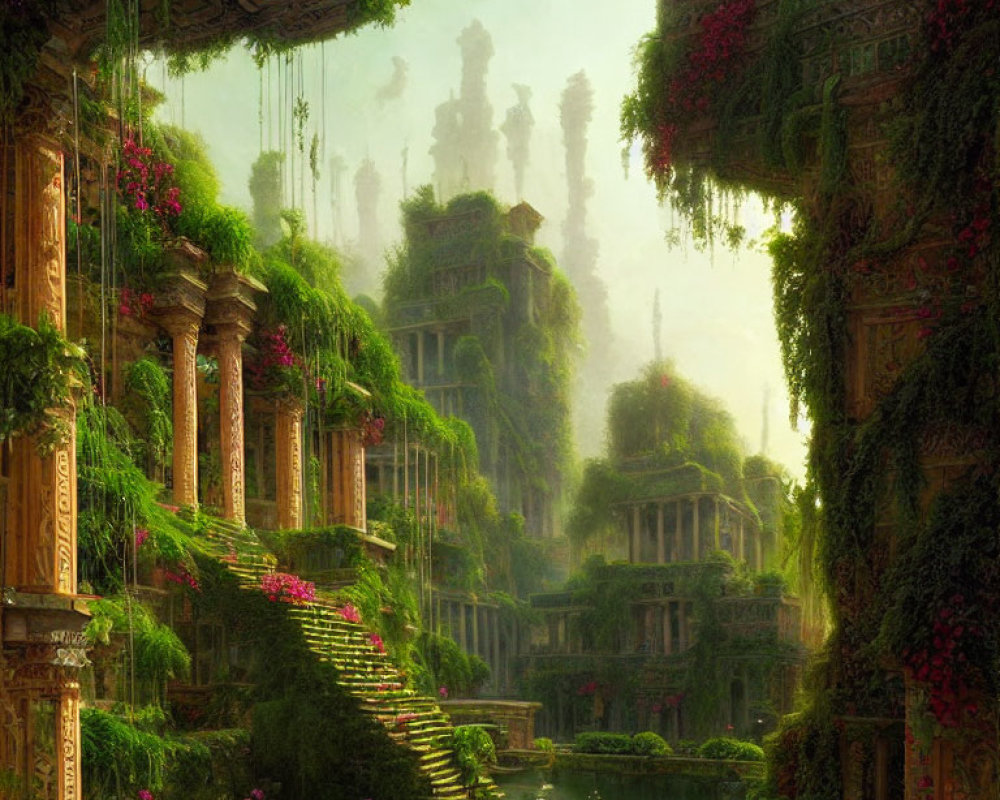 Green Overgrown Ancient Ruin with Blooming Flowers and Water Body