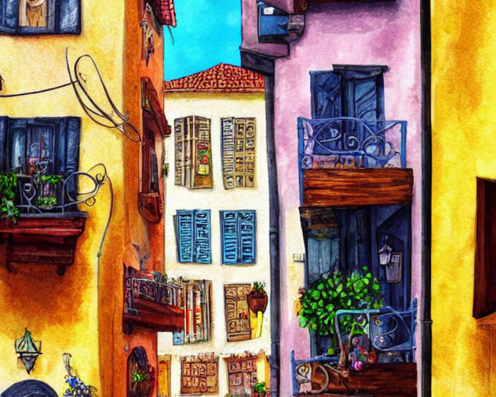 Colorful Watercolor Painting of European Alley with Cobblestone Stairway