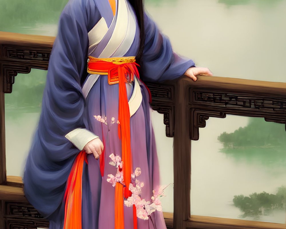 Traditional Asian attire woman on balcony with cherry blossoms