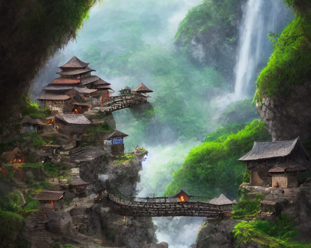 Tranquil fantasy village with wooden bridge, waterfall, and lush cliffs