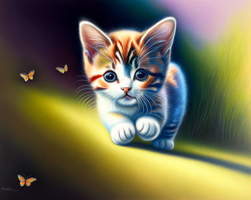 Illustration of cute kitten with blue eyes watching butterflies