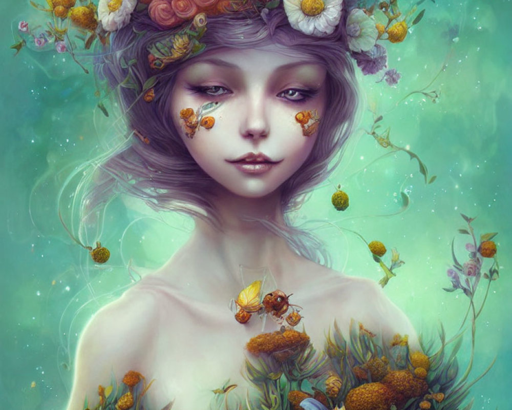 Fantasy illustration of woman with purple hair and floral crown against green backdrop