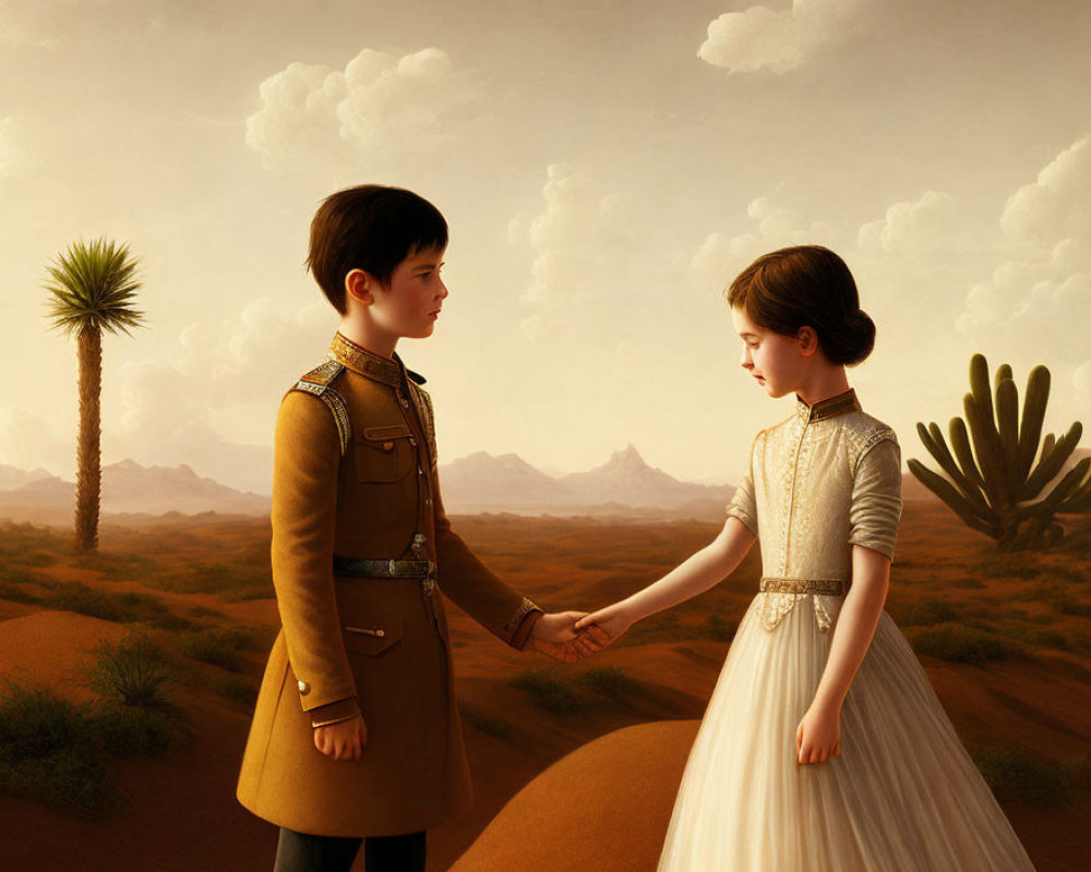 Children in formal attire holding hands in desert landscape with cacti and mountains under soft cloudy sky