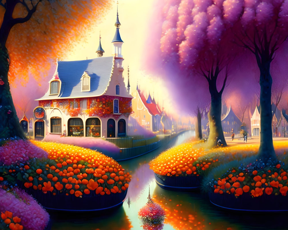 Colorful Village Painting with Flower-Lined Canal and Quaint House