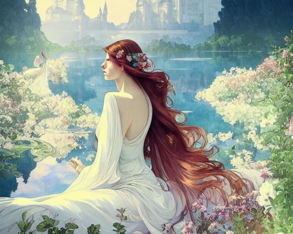 Red-haired woman in white dress gazes at castle across serene lake