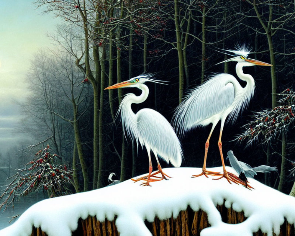 Two herons on snow-covered stump in serene winter scene