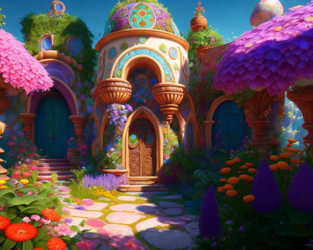 Colorful Flora and Whimsical Houses in Fantasy Garden