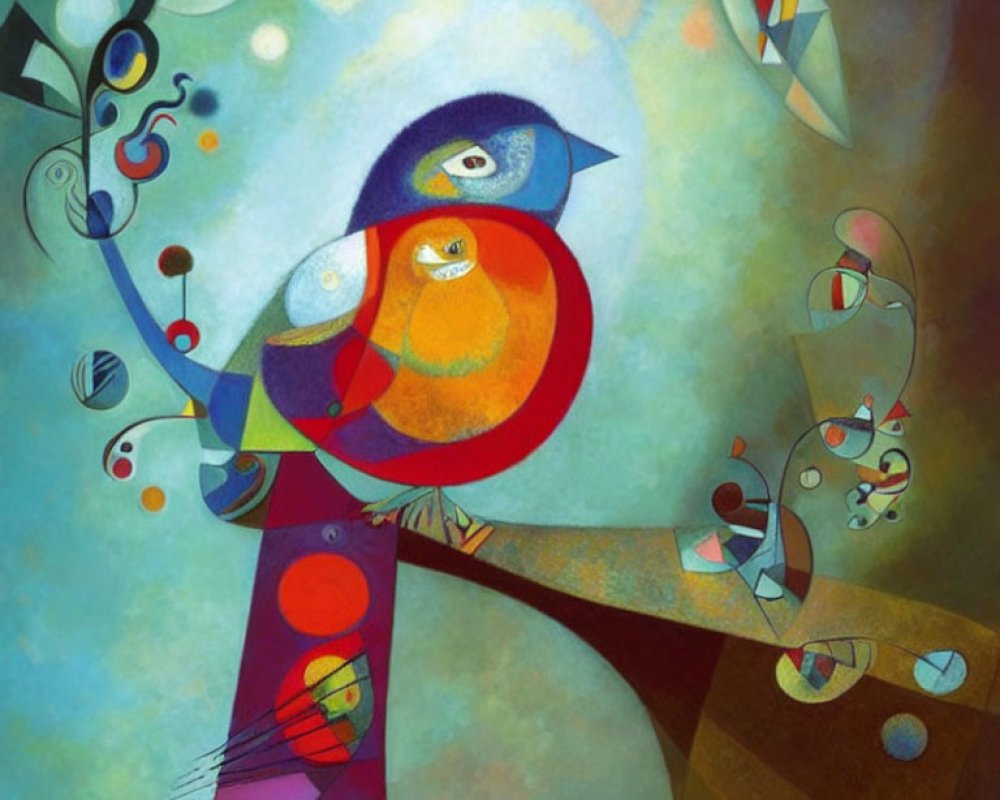 Vibrant bird painting with abstract shapes on whimsical background