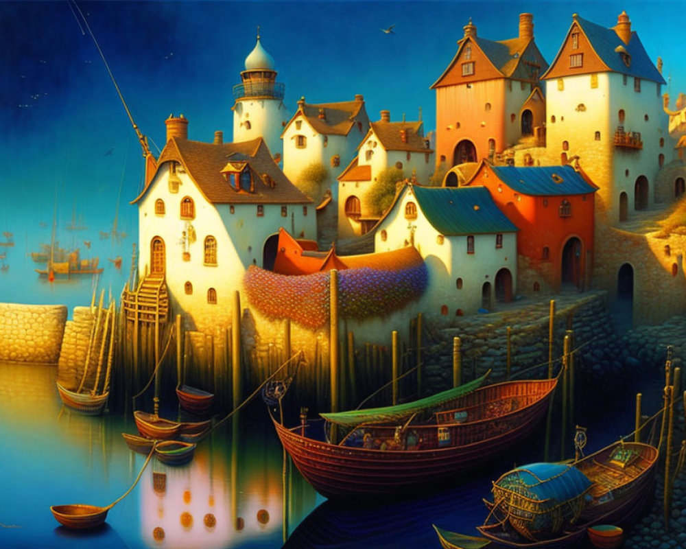 Colorful Cottages and Lighthouse in Fantasy Harbor Scene