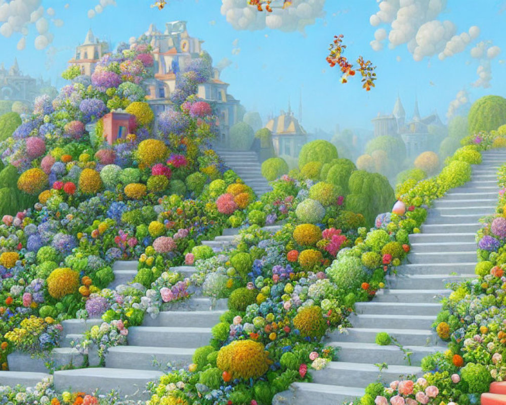 Colorful Fantasy Landscape with Grand Staircase and Majestic Castle