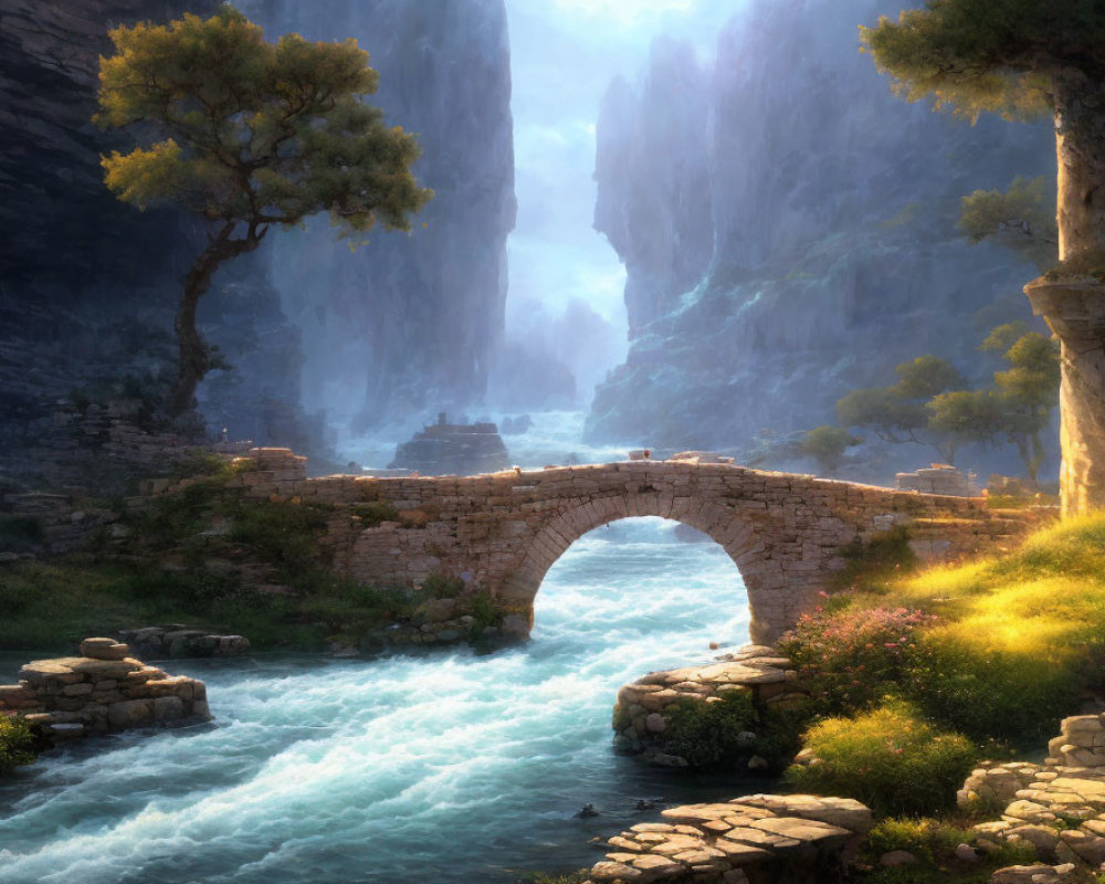 Tranquil fantasy landscape with stone bridge, river, cliffs, vegetation, and ancient ruins.