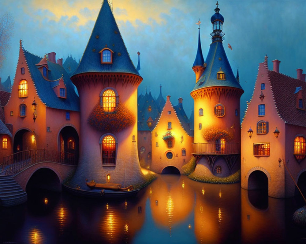 Enchanting fairy-tale village with turret-adorned houses by a tranquil river