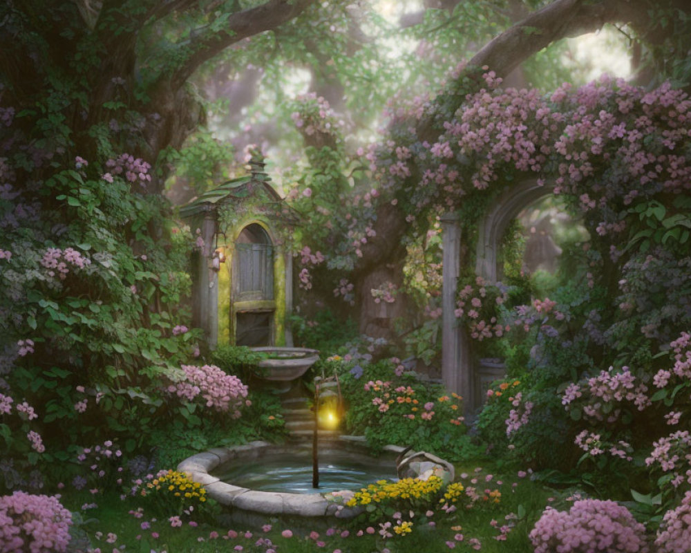 Stone fountain, lantern, flowers, ivy archways in mystical forest ambiance