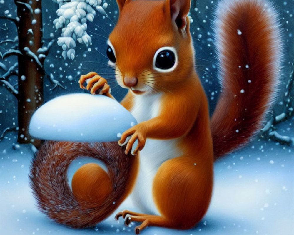 Red squirrel with snowball in snowy scene