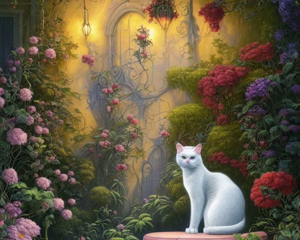 White Cat Sitting on Cushion in Vibrant Garden with Flowers and Ivy Walls