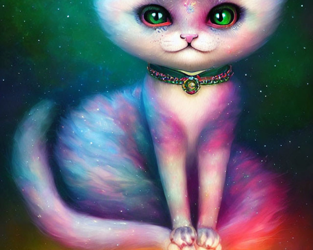 Vibrant fantasy cat illustration with flower crown and glowing pendant