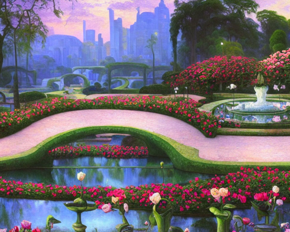 Lush Pink Flower Garden with Fountain and Twilight Skyline