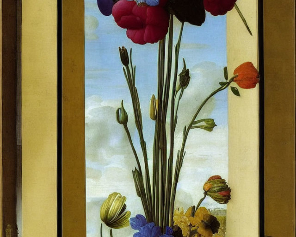 Vibrant flowers and butterflies in vase against blue sky backdrop