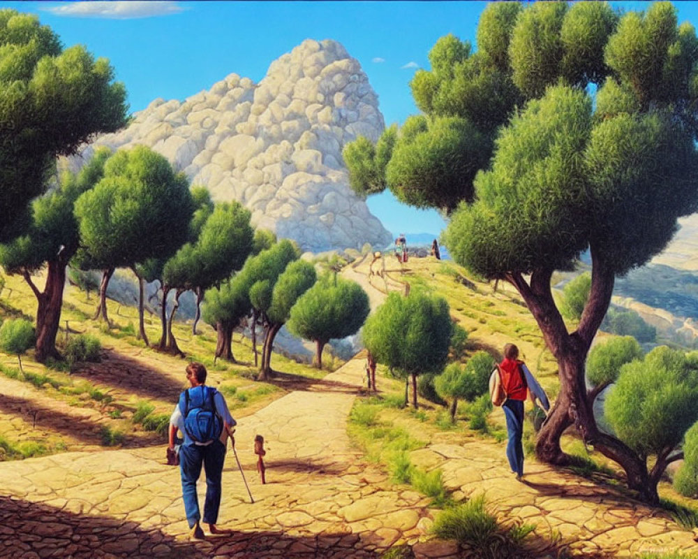 Hikers on scenic trail with lush green trees and billowing clouds