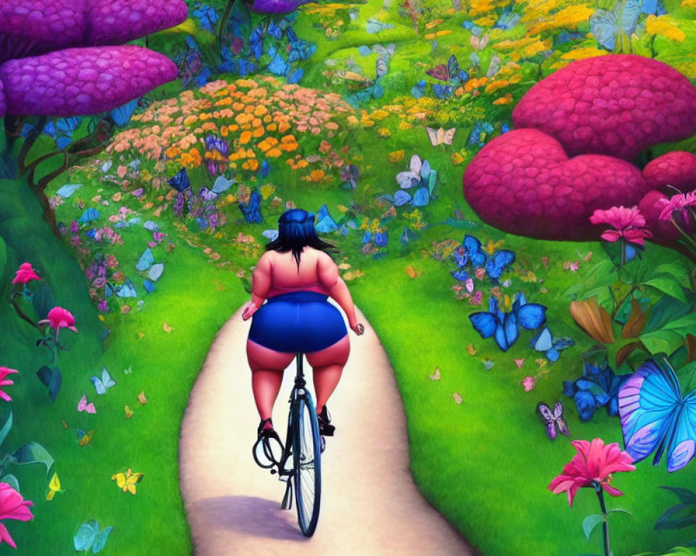 Colorful Garden Scene with Person Biking Amid Mushrooms and Butterflies