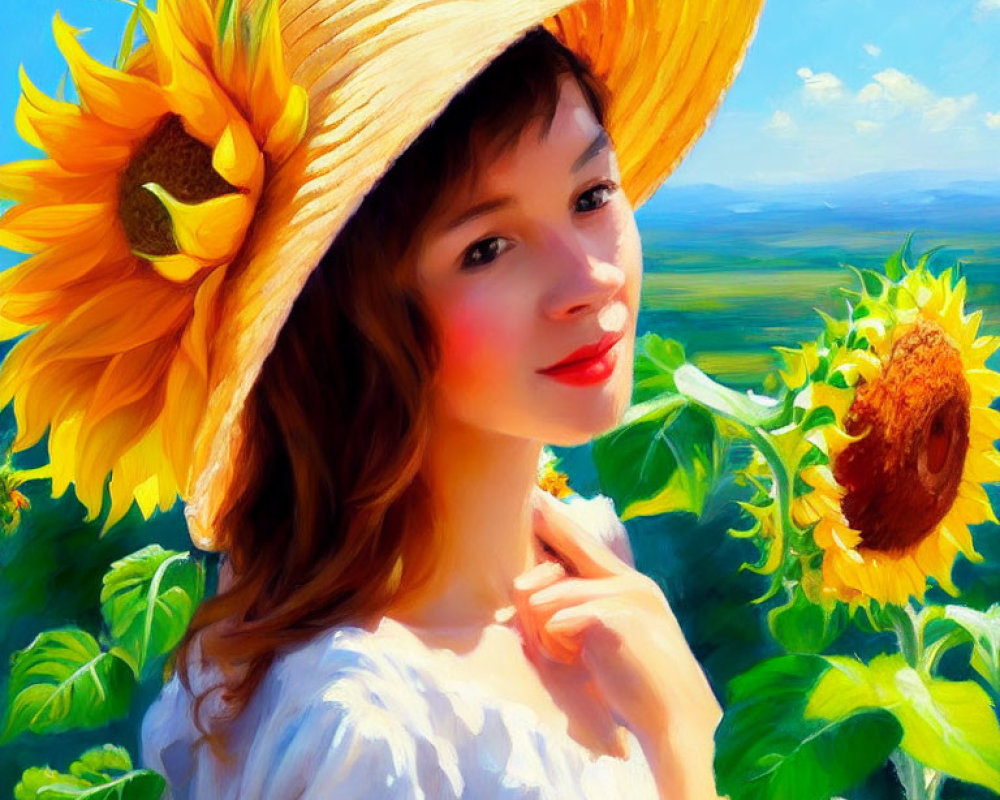 Smiling woman in straw hat with sunflower in sunflower field