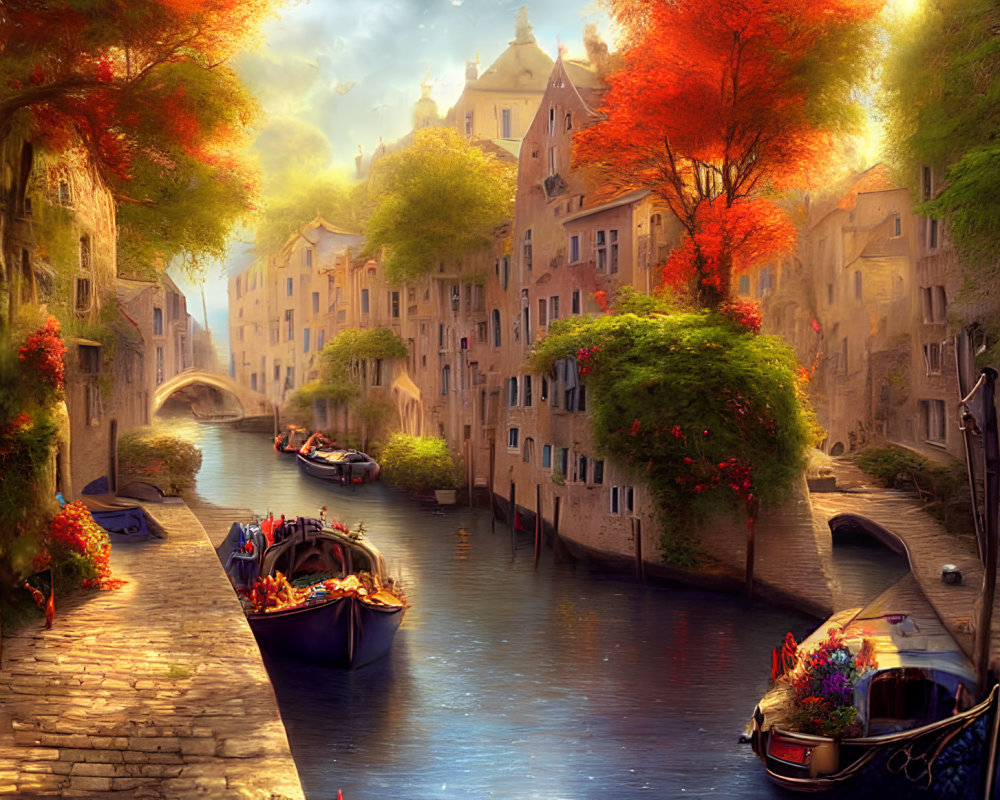 Scenic canal with boats, European buildings, autumn foliage, and stone walkways.