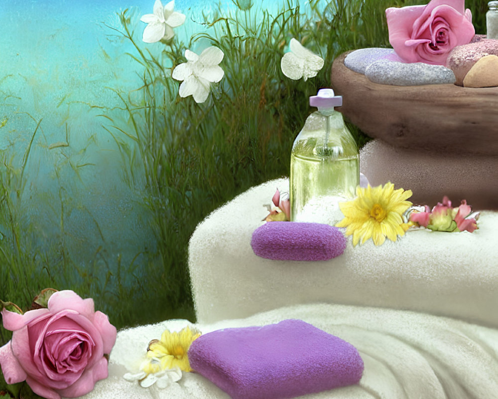 Tranquil Spa Setting with Towels, Flowers, Bath Salts, and Essential Oils