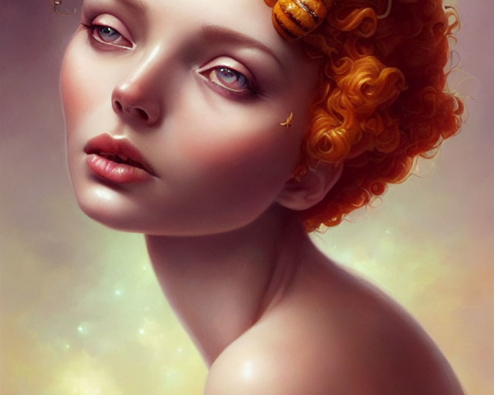 Portrait of Woman with Curly Red Hair and Honey Bees in Mystical Setting