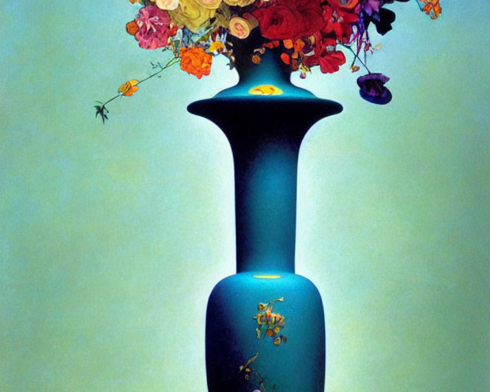 Colorful Flower Bouquet in Blue Vase with Insects on Light Blue Background