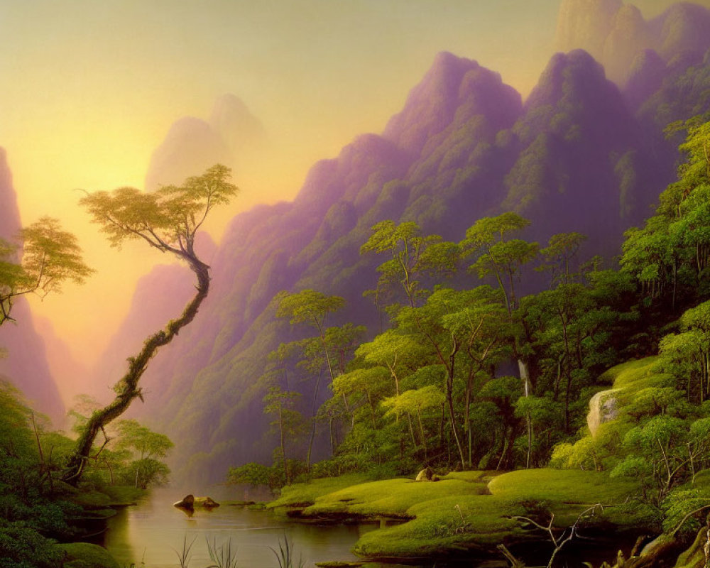 Tranquil landscape painting of lush forest, river, misty mountains, and golden light