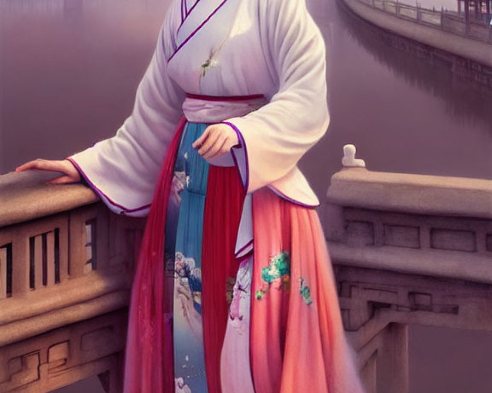 Traditional Asian Attire Woman on Bridge at Dusk