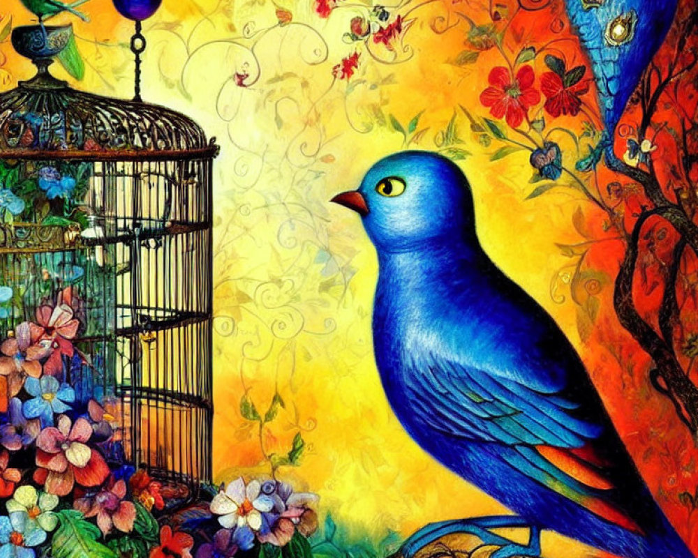 Colorful artwork: blue bird, open cage, floral background, whimsical tree