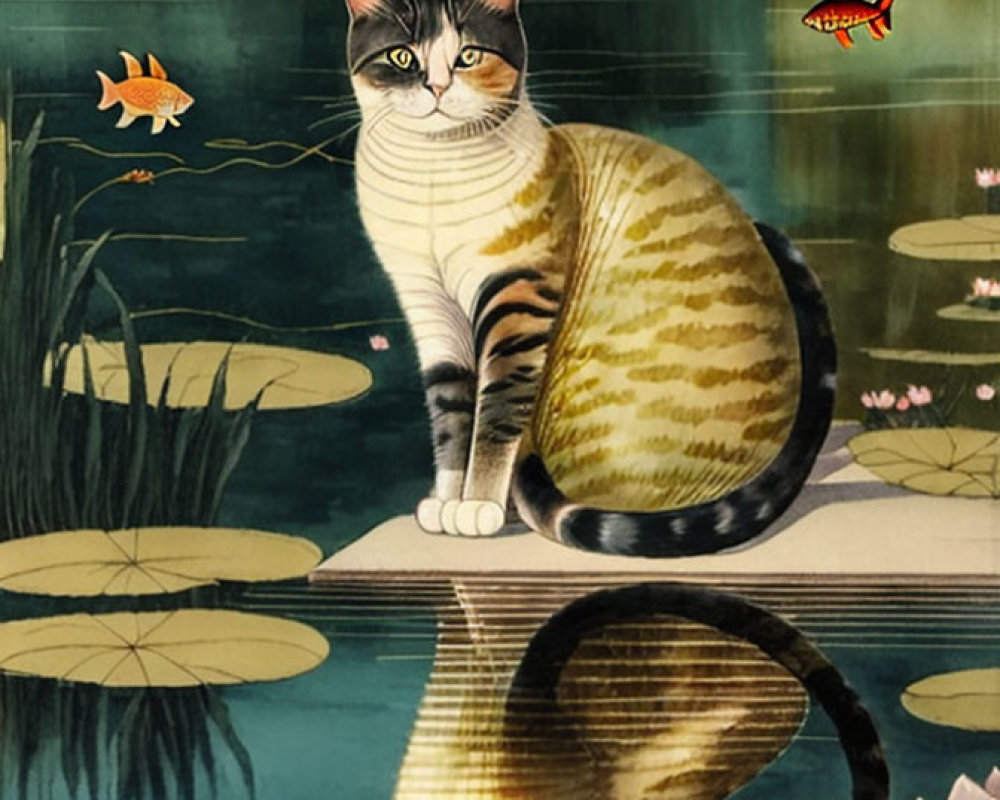 Cat with reflection on water surface surrounded by lily pads and colorful fish