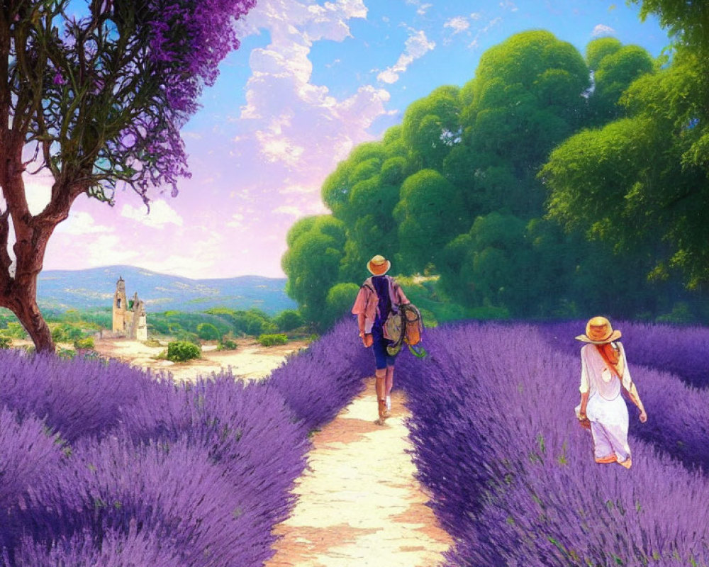 Vibrant lavender field with two people walking, green trees, distant village, blue sky