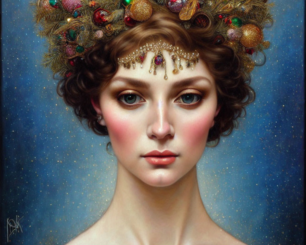 Portrait of woman with holiday-themed hair and glowing skin against starry backdrop