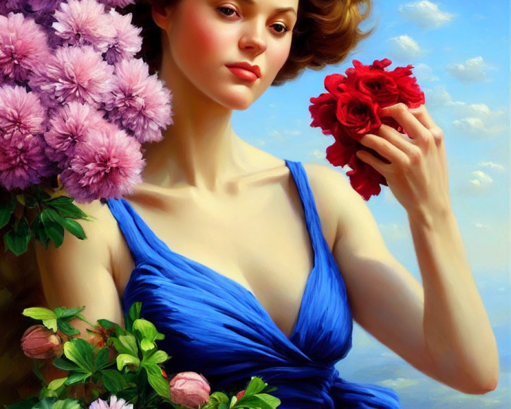 Woman in Blue Dress Holding Red Flowers Against Blue Sky